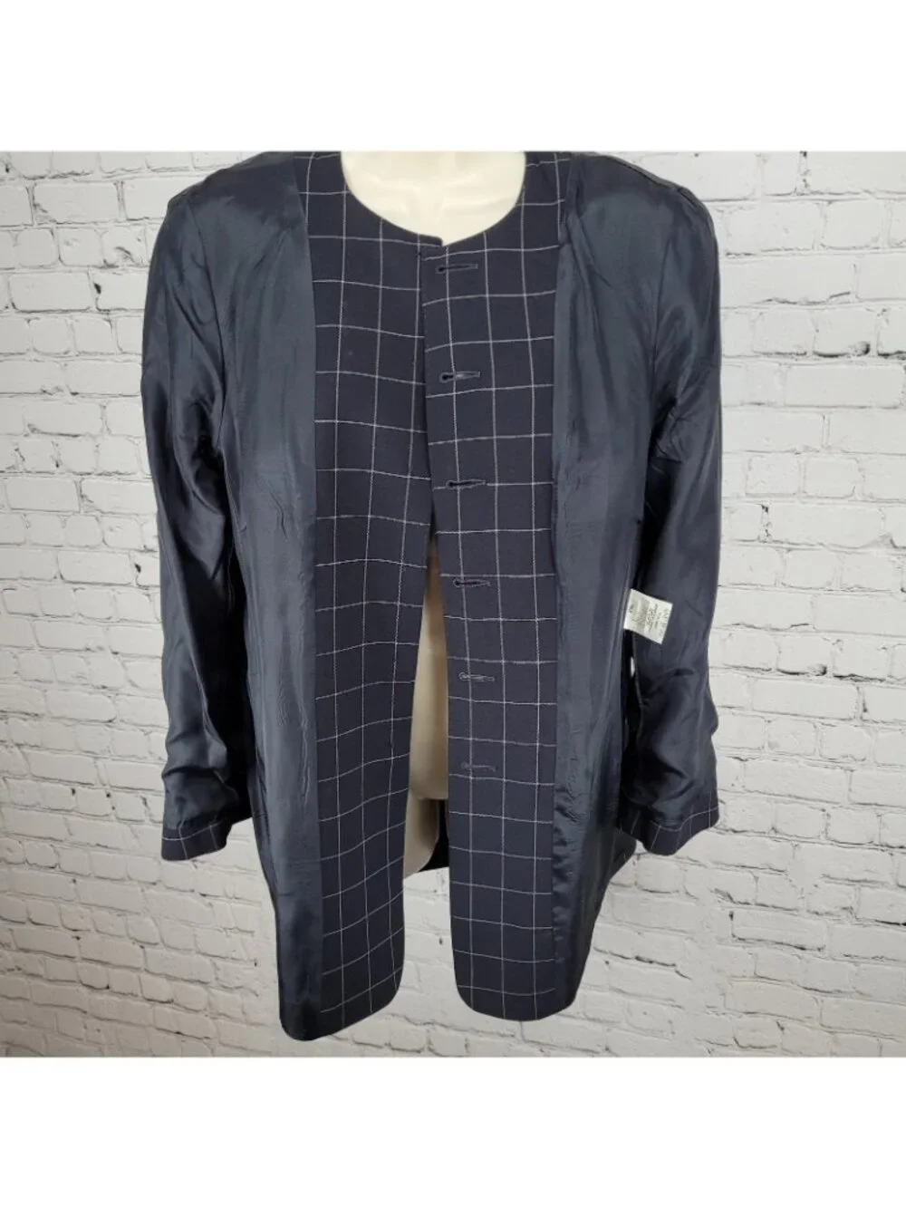 Jaeger Black Pure New Wool Windowpane Buttoned Collarless Suit Jacket Size 12